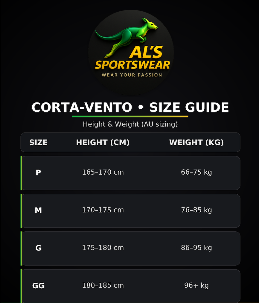 AL’s Sportswear windbreaker size chart with guidance for men’s sizing